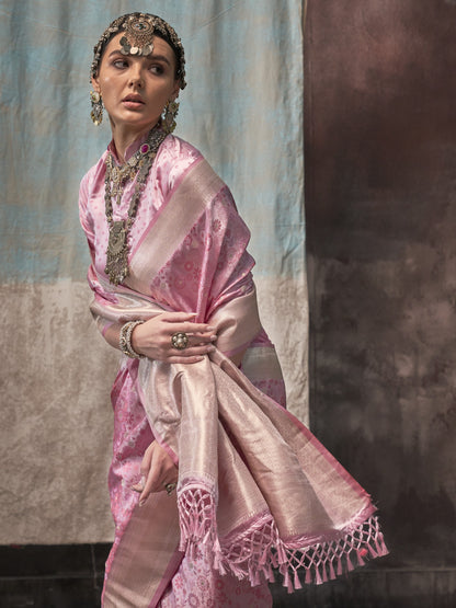 Blush Pink Woven Banarasi Satin Silk Saree