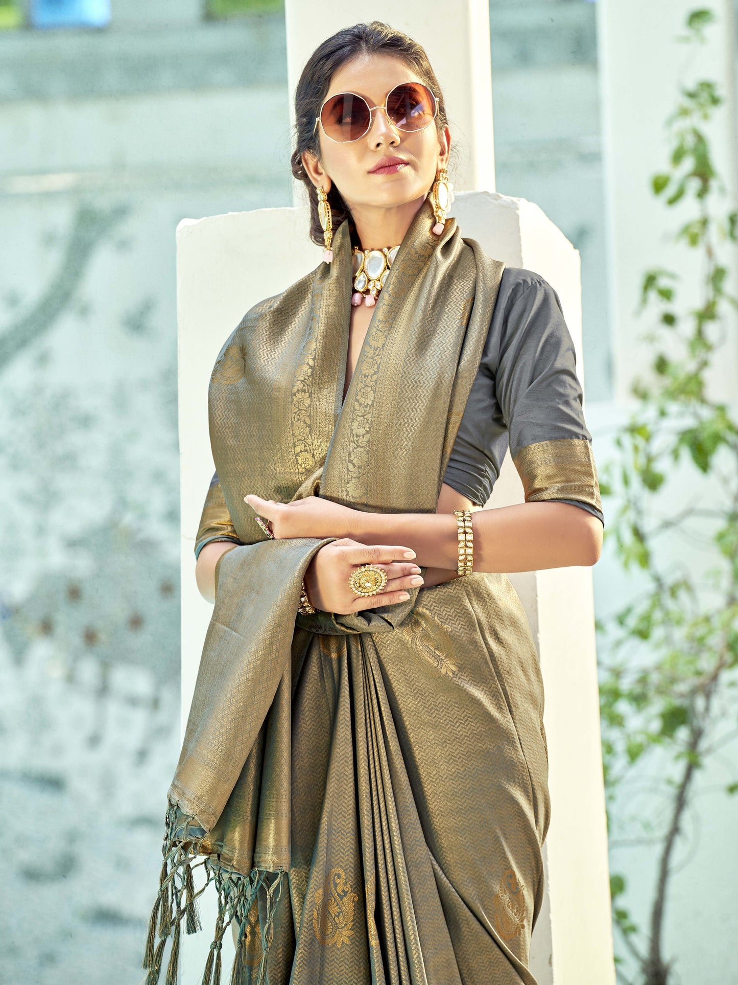 Stone Gray Kanjivaram Saree