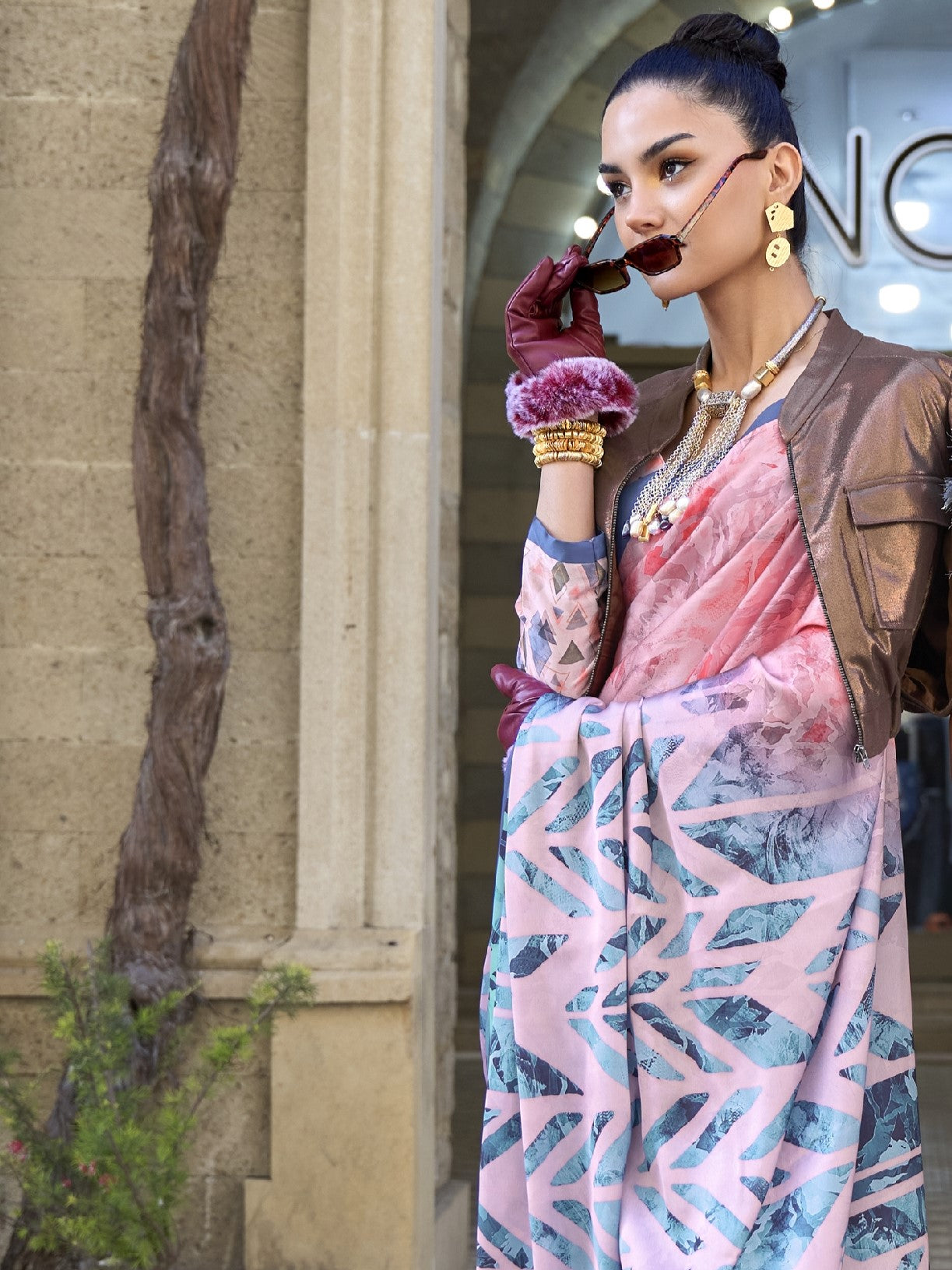 Pink & Blue Satin Crepe Printed Saree