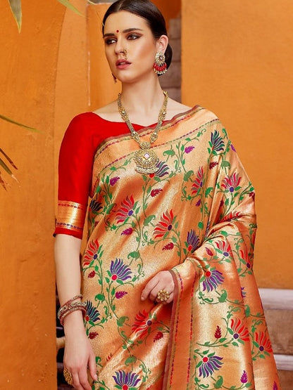 Golden Red Paithani Saree