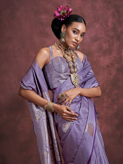 Faded Purple Woven Banarasi Satin Silk Saree