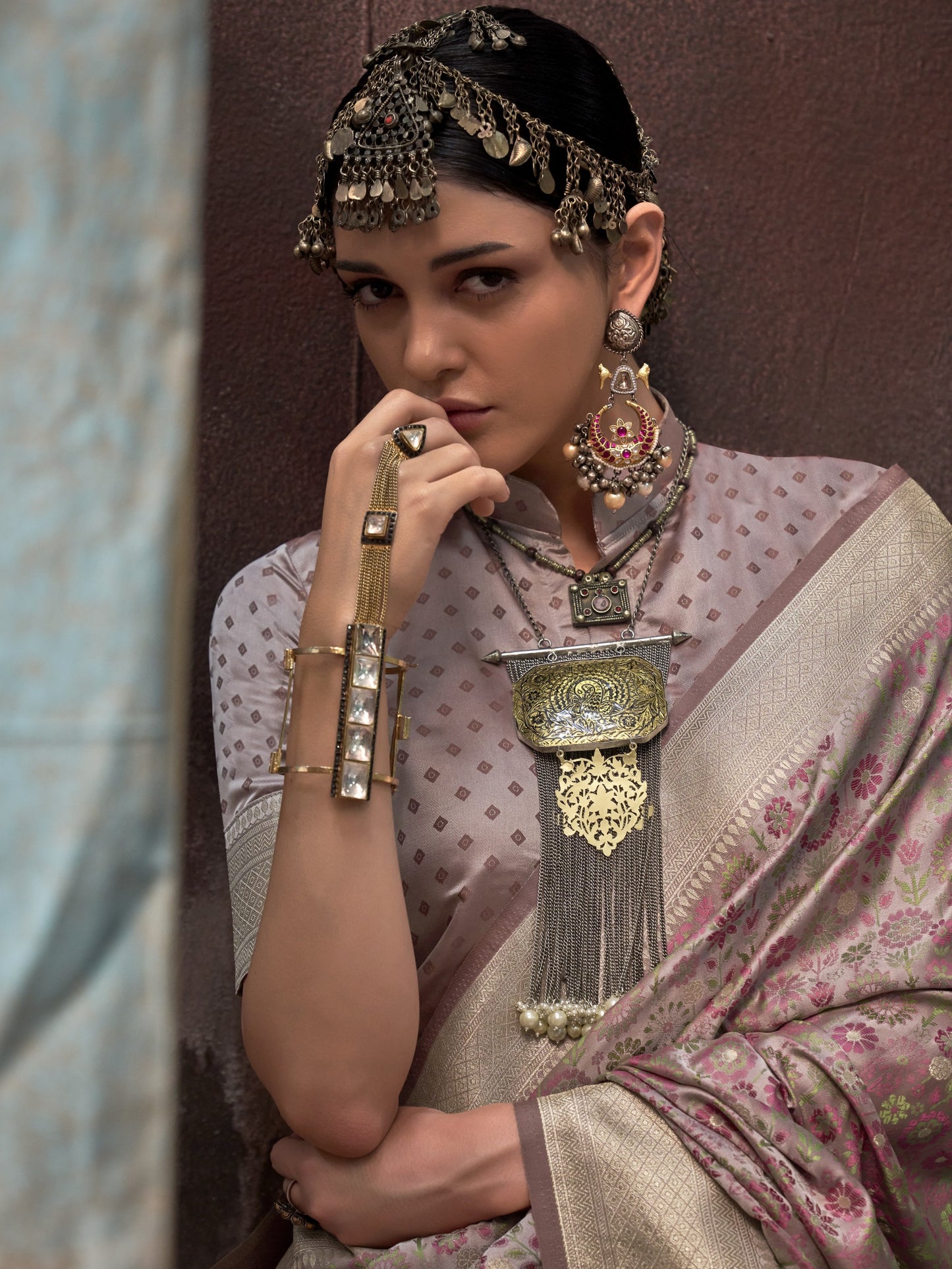 Dusty Pink Woven Banarasi Satin Silk Saree