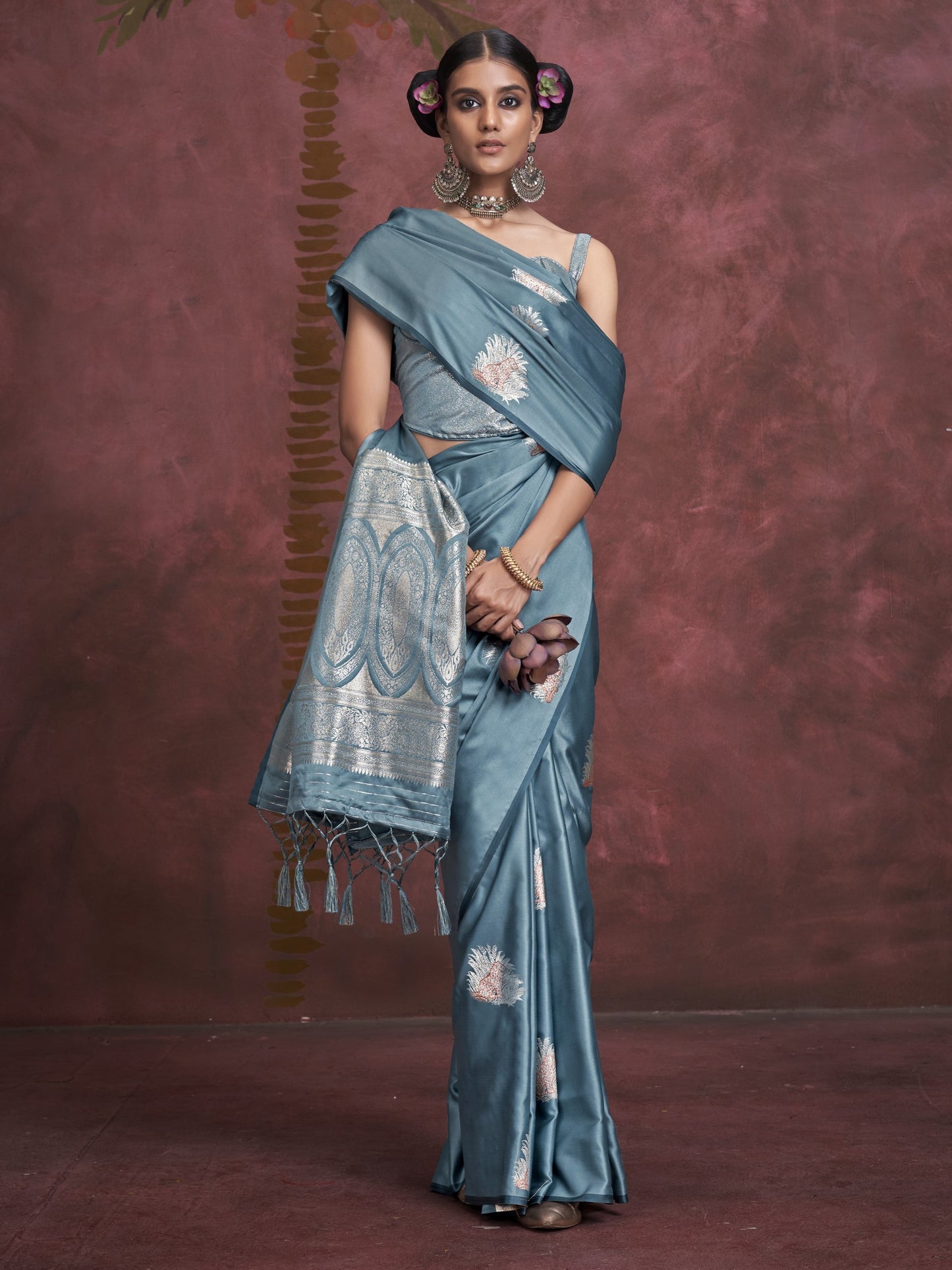 Steel Blue Woven Banarasi Satin Silk Saree