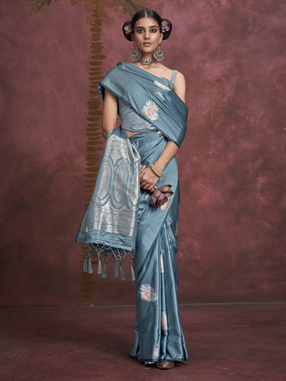 Steel Blue Woven Banarasi Satin Silk Saree