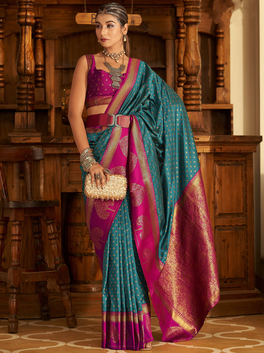 Ocean Blue Woven Banarasi Soft Silk Saree