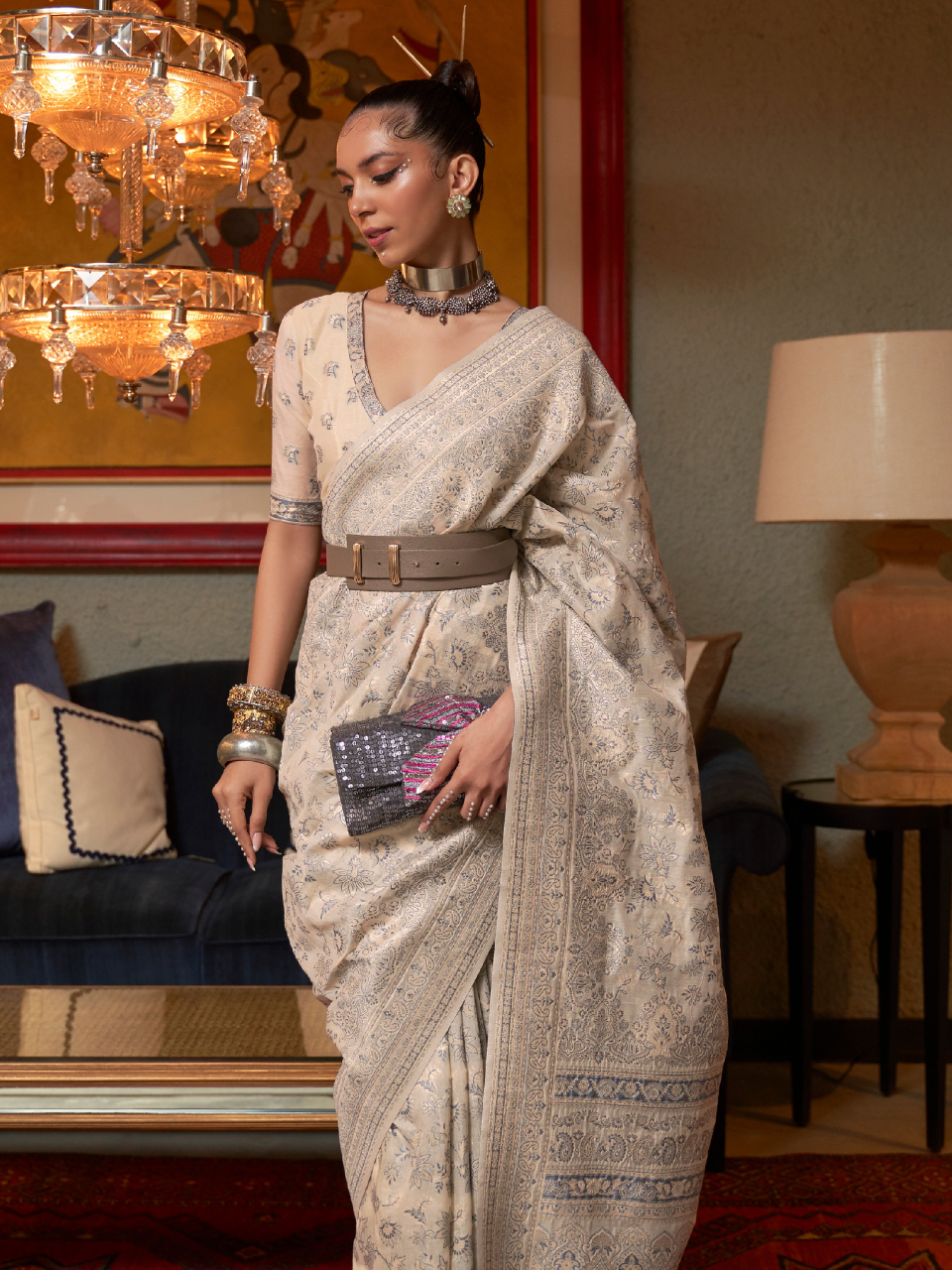 Beige White Woven Kashmiri Cotton Silk Saree