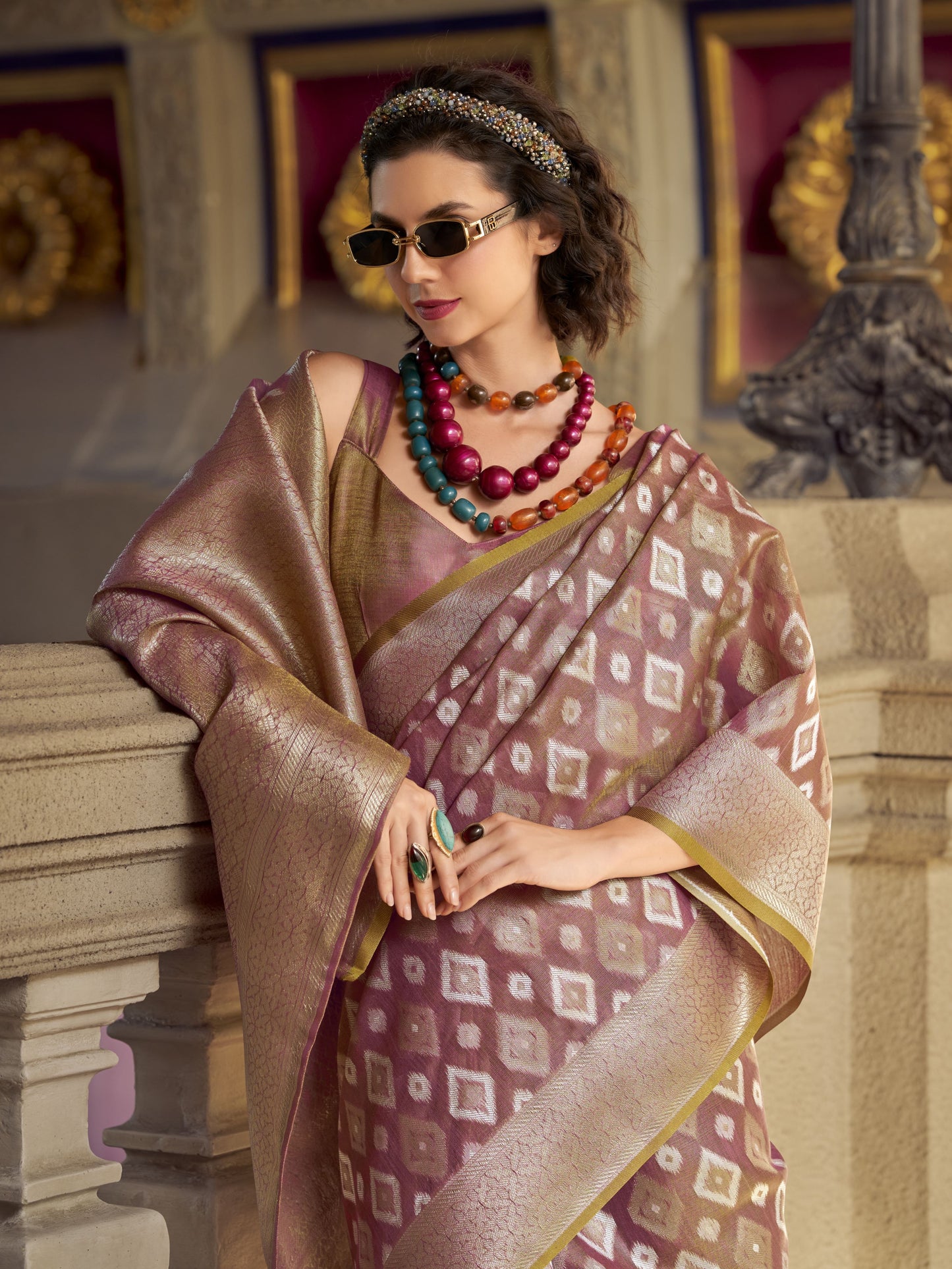 Golden Fuchsia Zari Woven Tissue Silk Saree