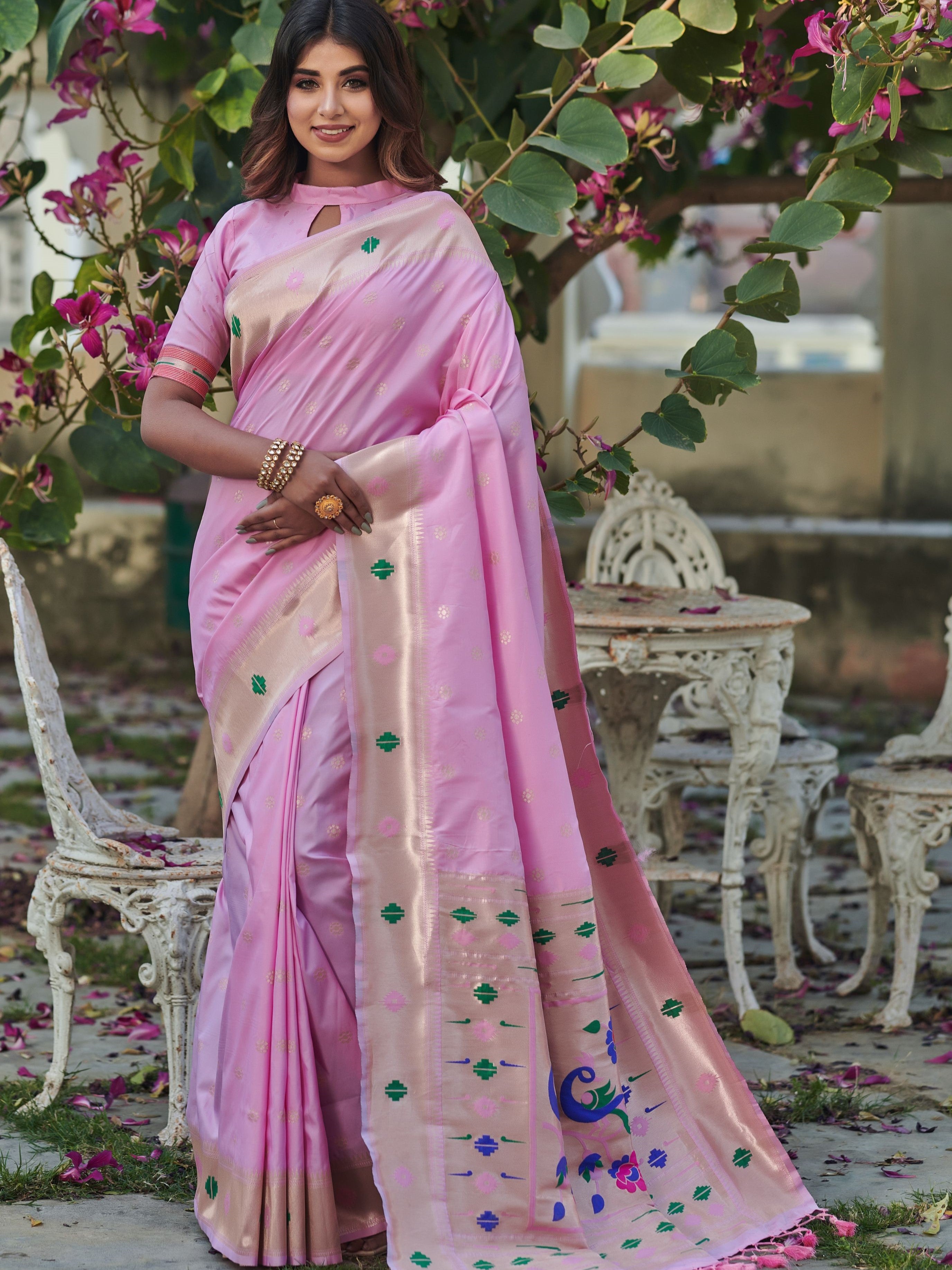 Rani Pink Paithani Silk Saree With Meenakari Motifs