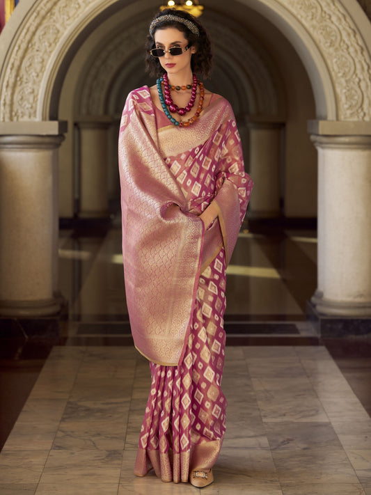 Thulian Pink Zari Woven Tissue Silk Saree