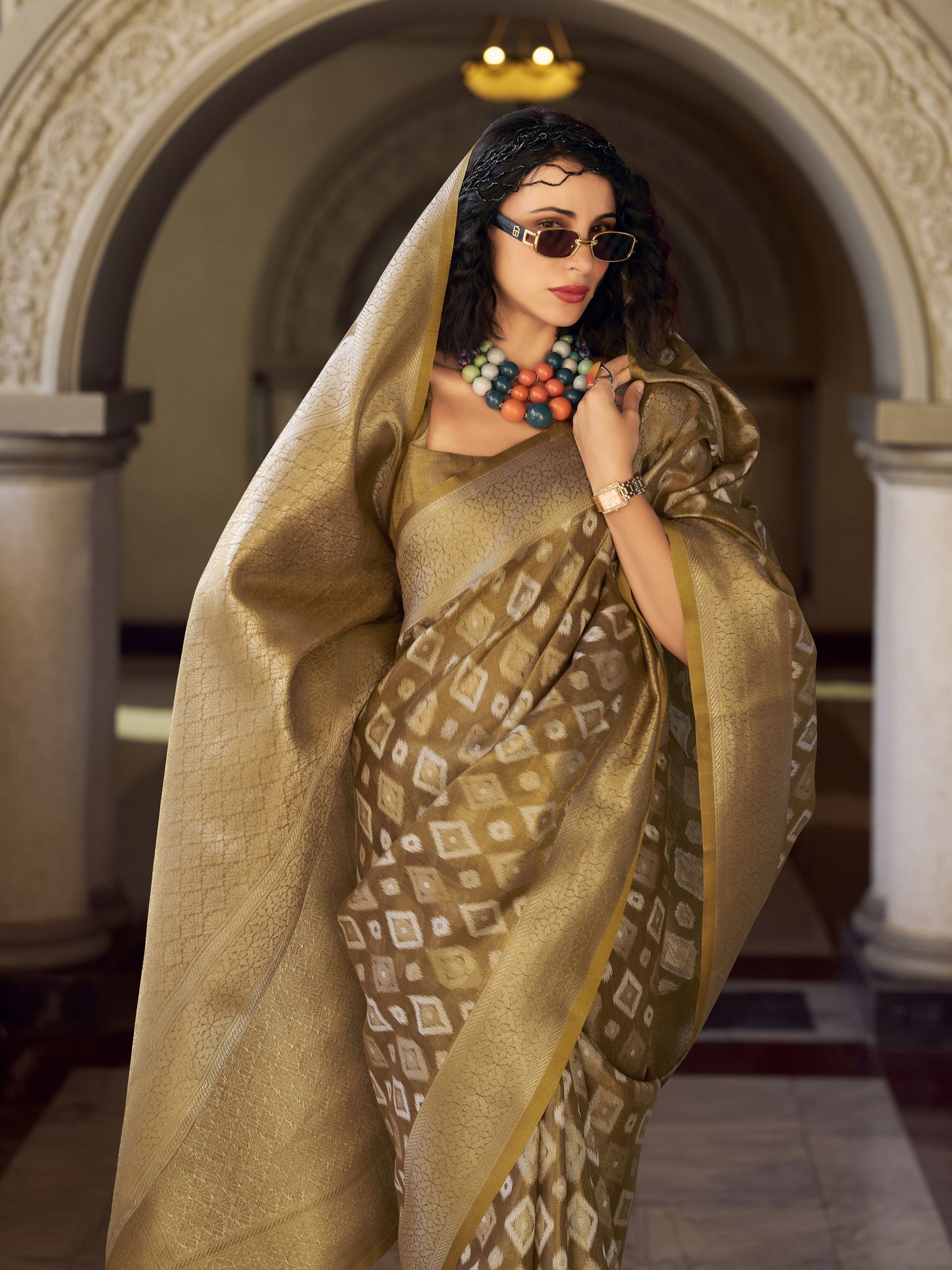 Toffee Bronze Zari Weaving Tissue Silk Saree