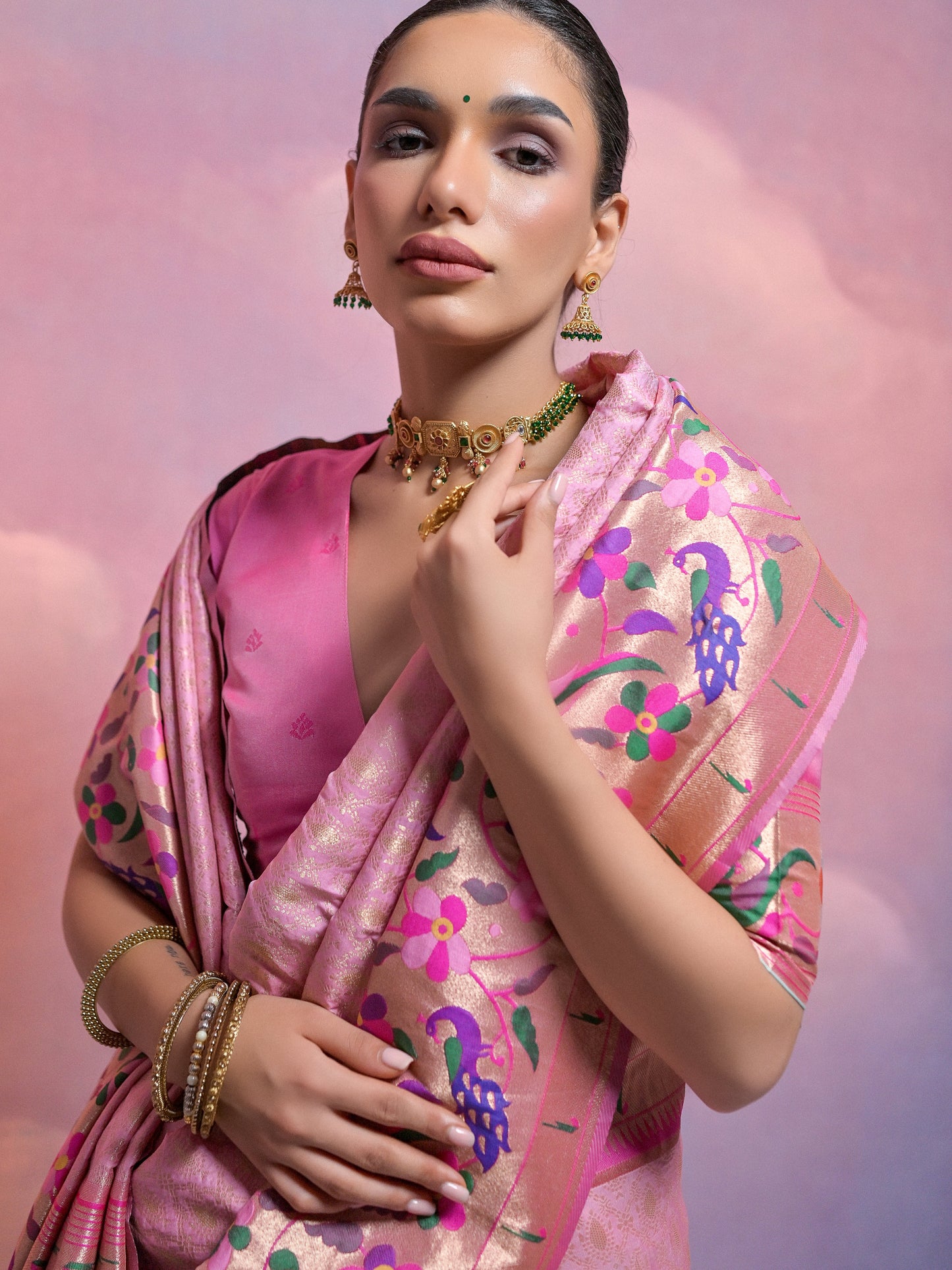 Baby Pink Woven Paithani Silk Saree