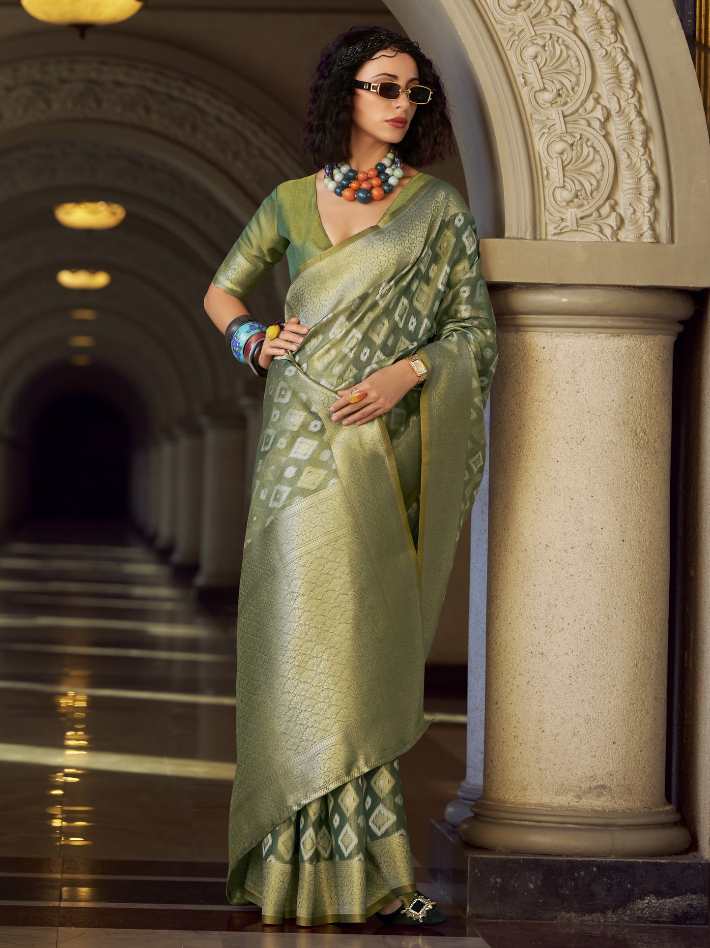 Emerald Green Zari Woven Tissue Silk Saree