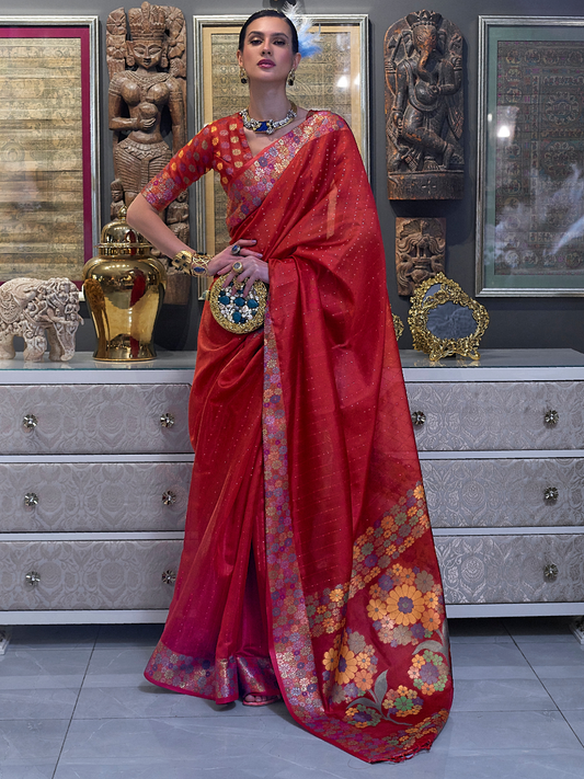 organza saree red colour