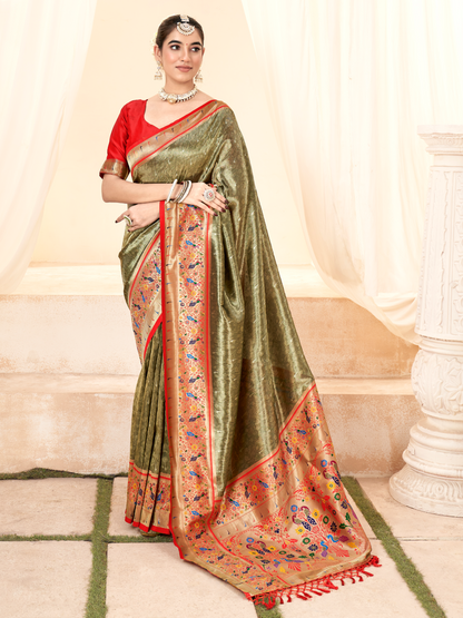 Olive Green Woven Paithani Tissue Silk Saree