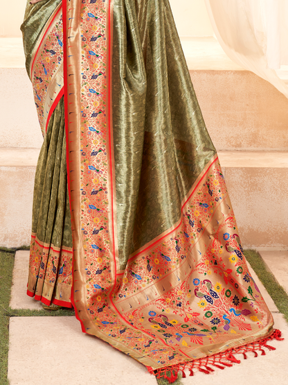 Olive Green Woven Paithani Tissue Silk Saree