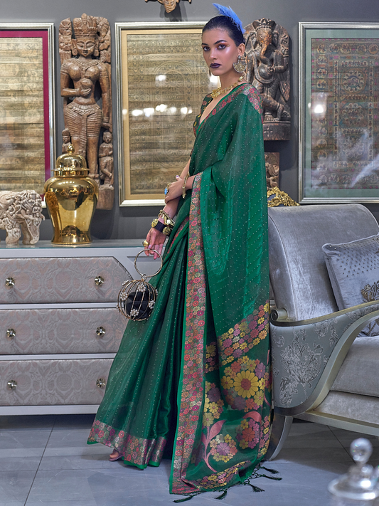 organza saree green colour