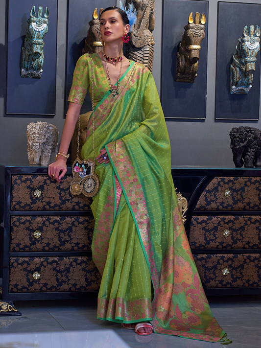 olive green organza saree