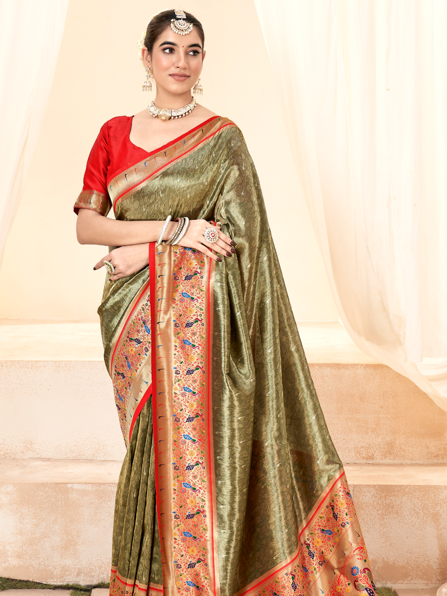 Olive Green Woven Paithani Tissue Silk Saree