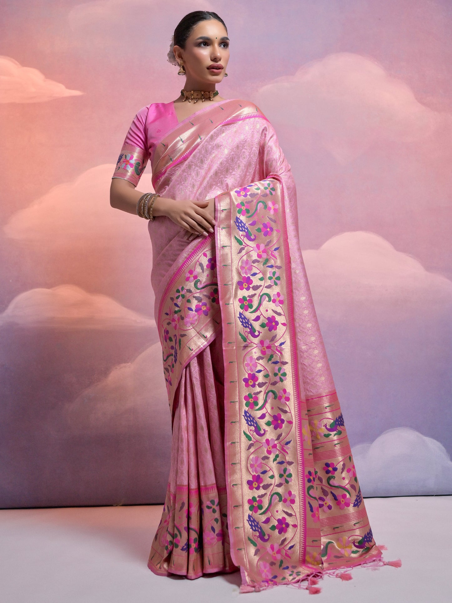 Baby Pink Woven Paithani Silk Saree