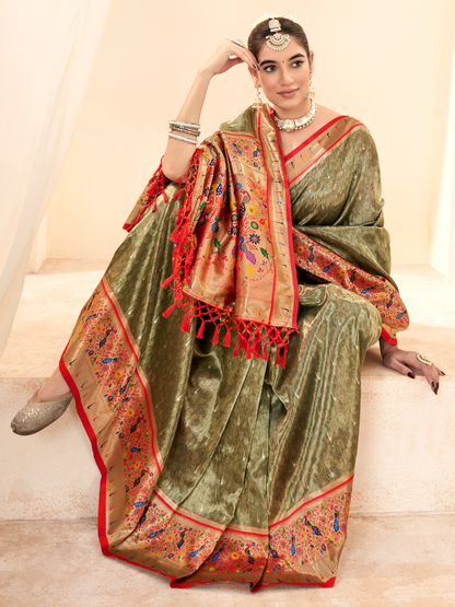 Olive Green Woven Paithani Tissue Silk Saree