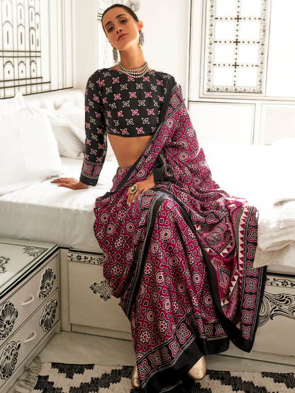 Magenta & Black Satin Crepe Ajrakh Print Saree