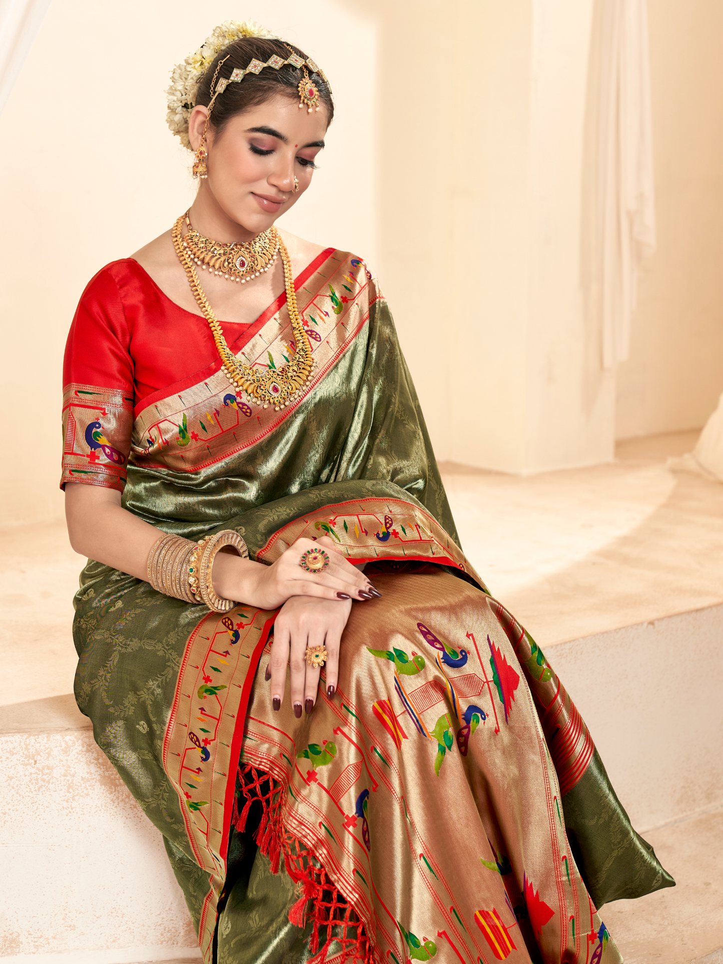 Khaki Green Woven Paithani Tissue Silk Saree