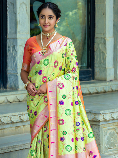 Blossom Yellow Woven Jacquard Paithani Silk Saree