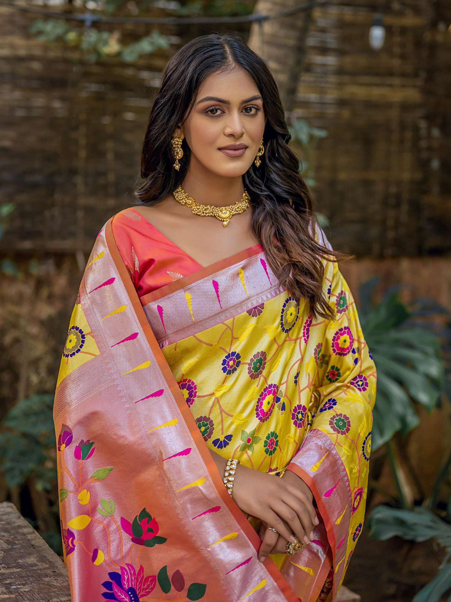 Bright Yellow Woven Jacquard Paithani Silk Saree