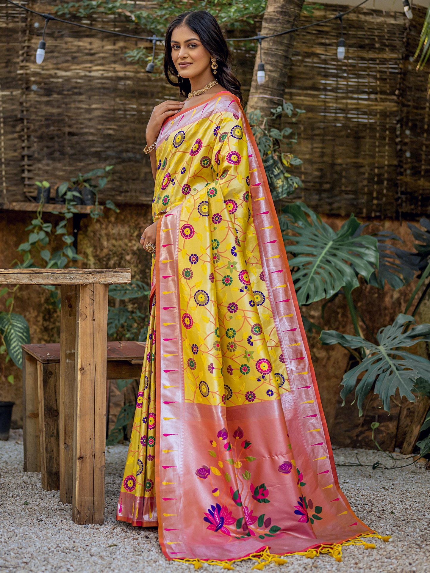 Bright Yellow Woven Jacquard Paithani Silk Saree