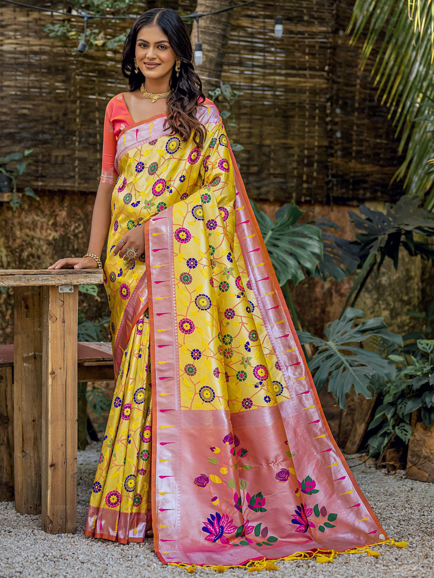 Bright Yellow Woven Jacquard Paithani Silk Saree