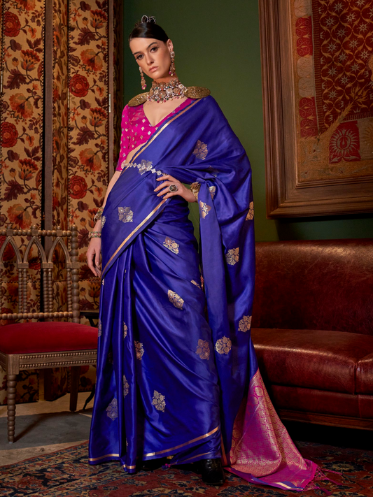 Admiral Blue Woven Satin Silk Saree