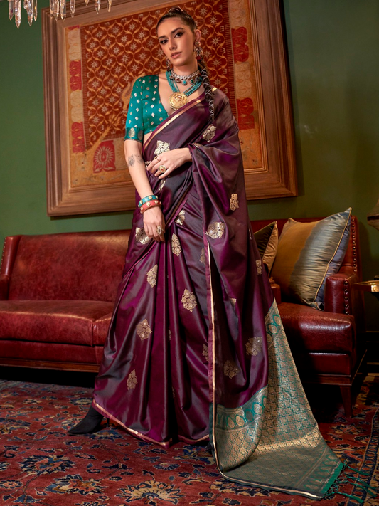 Shiny Wine Woven Satin Silk Saree