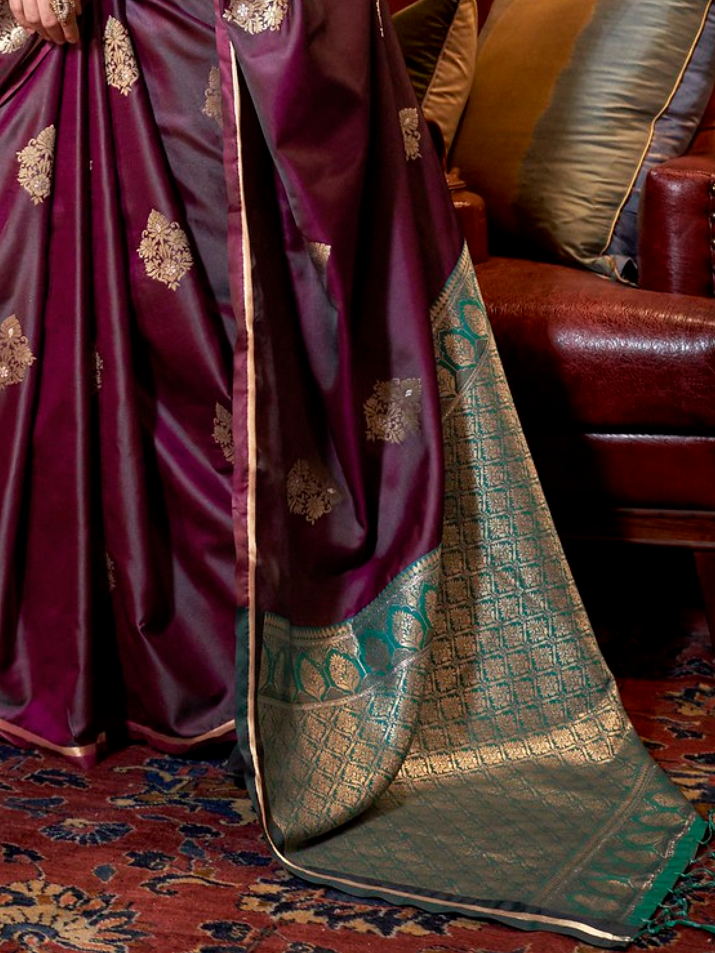 Shiny Wine Woven Satin Silk Saree