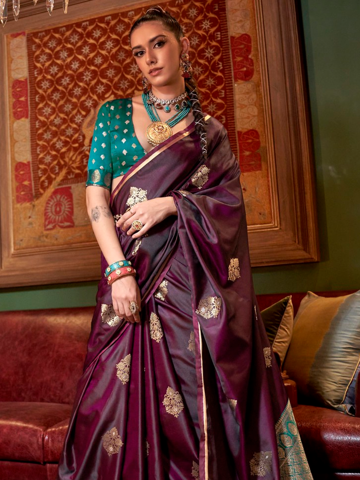 Shiny Wine Woven Satin Silk Saree