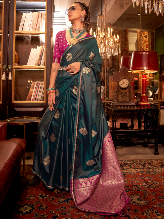 Deep Green Woven Satin Silk Saree