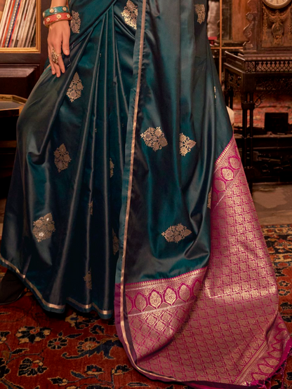 Deep Green Woven Satin Silk Saree