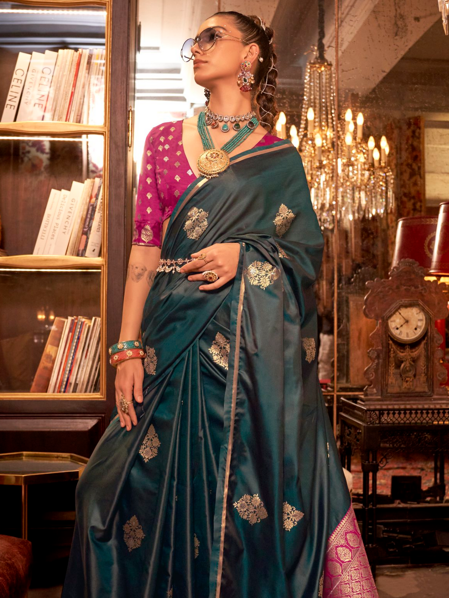 Deep Green Woven Satin Silk Saree