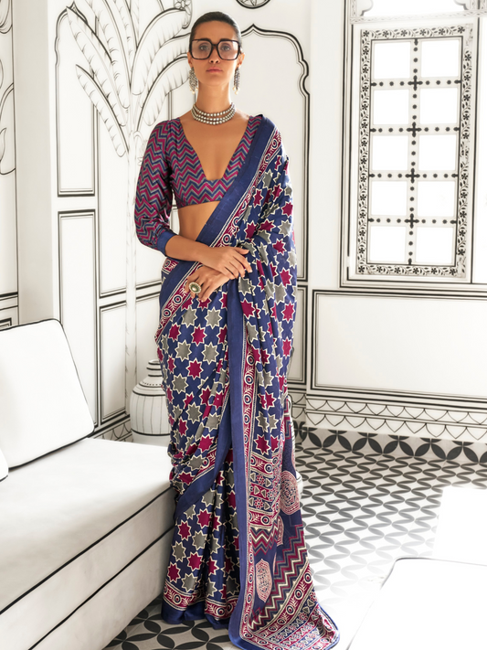 Blue & Pink Satin Crepe Ajrakh Print Saree