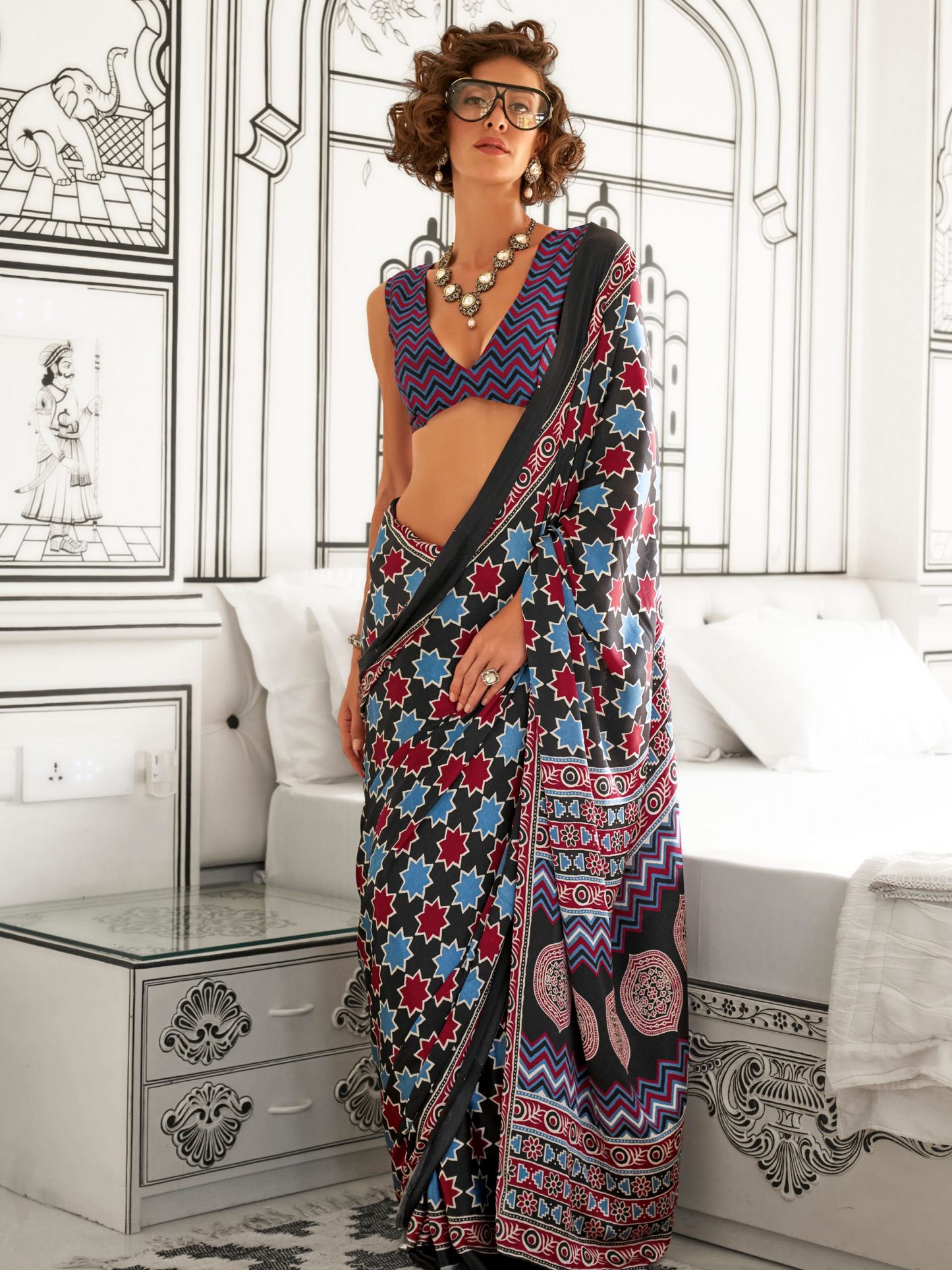 Black & Pink Satin Crepe Ajrakh Print Saree