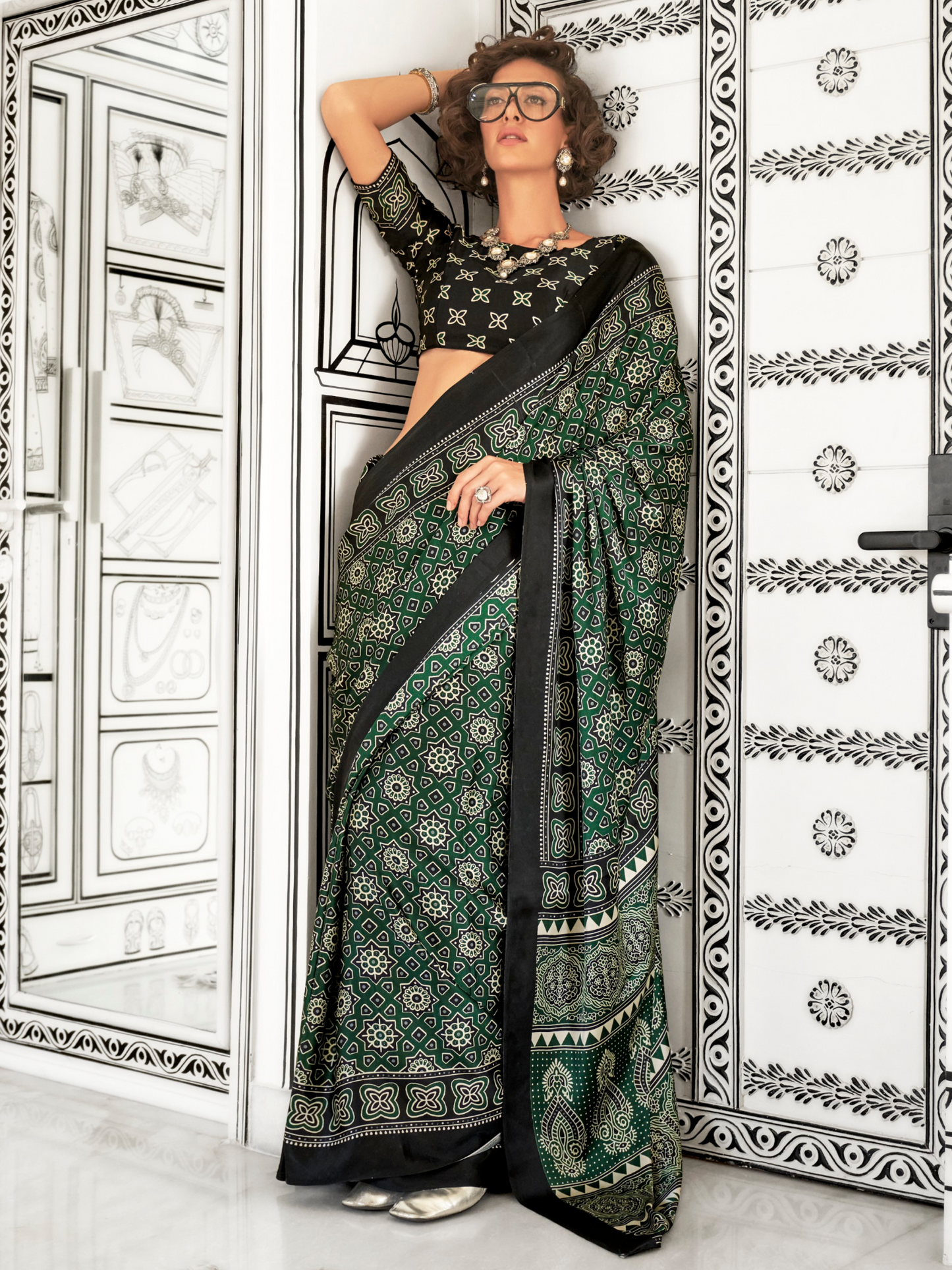 Black & Green Satin Crepe Ajrakh Print Saree