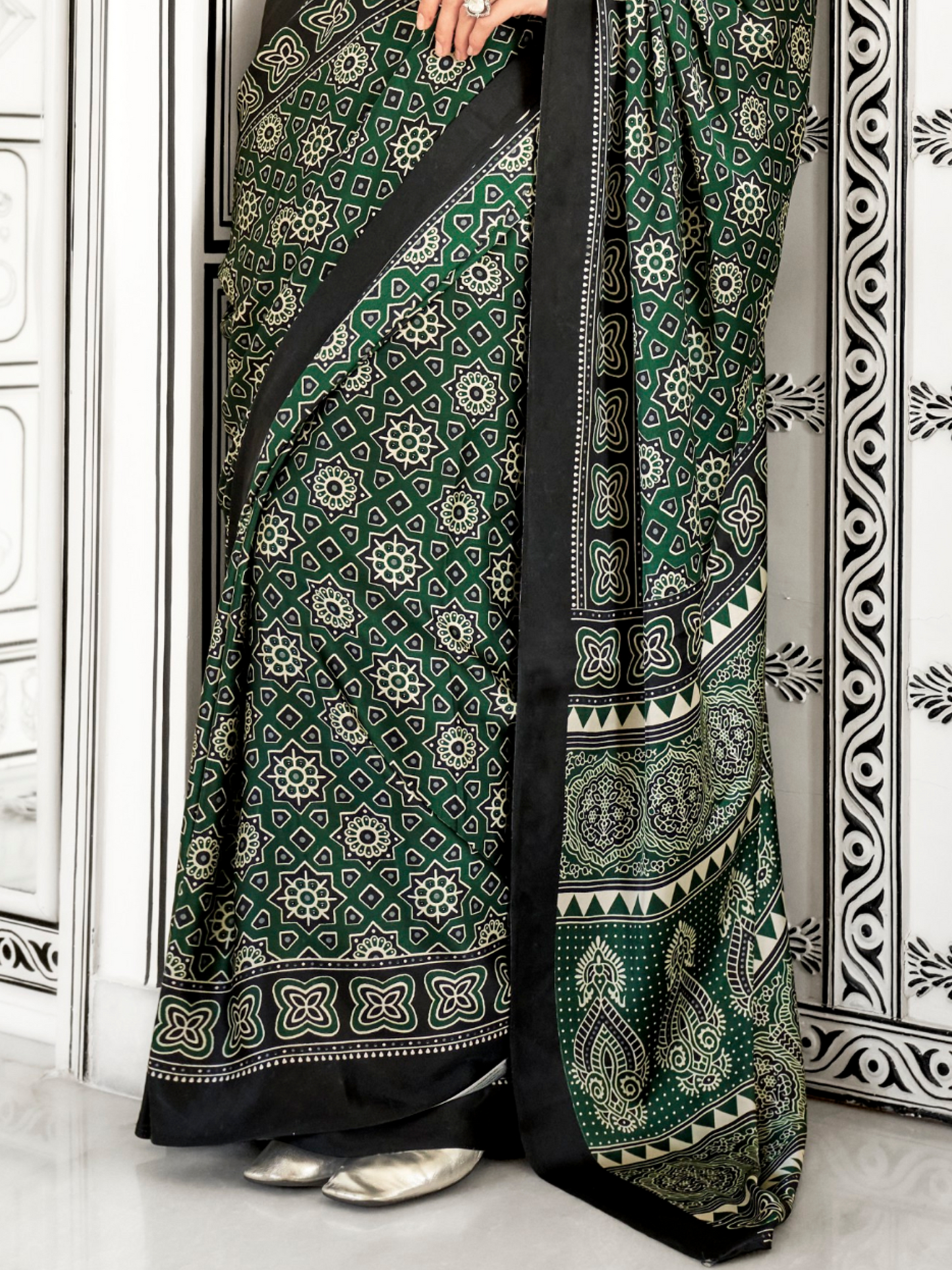 Black & Green Satin Crepe Ajrakh Print Saree