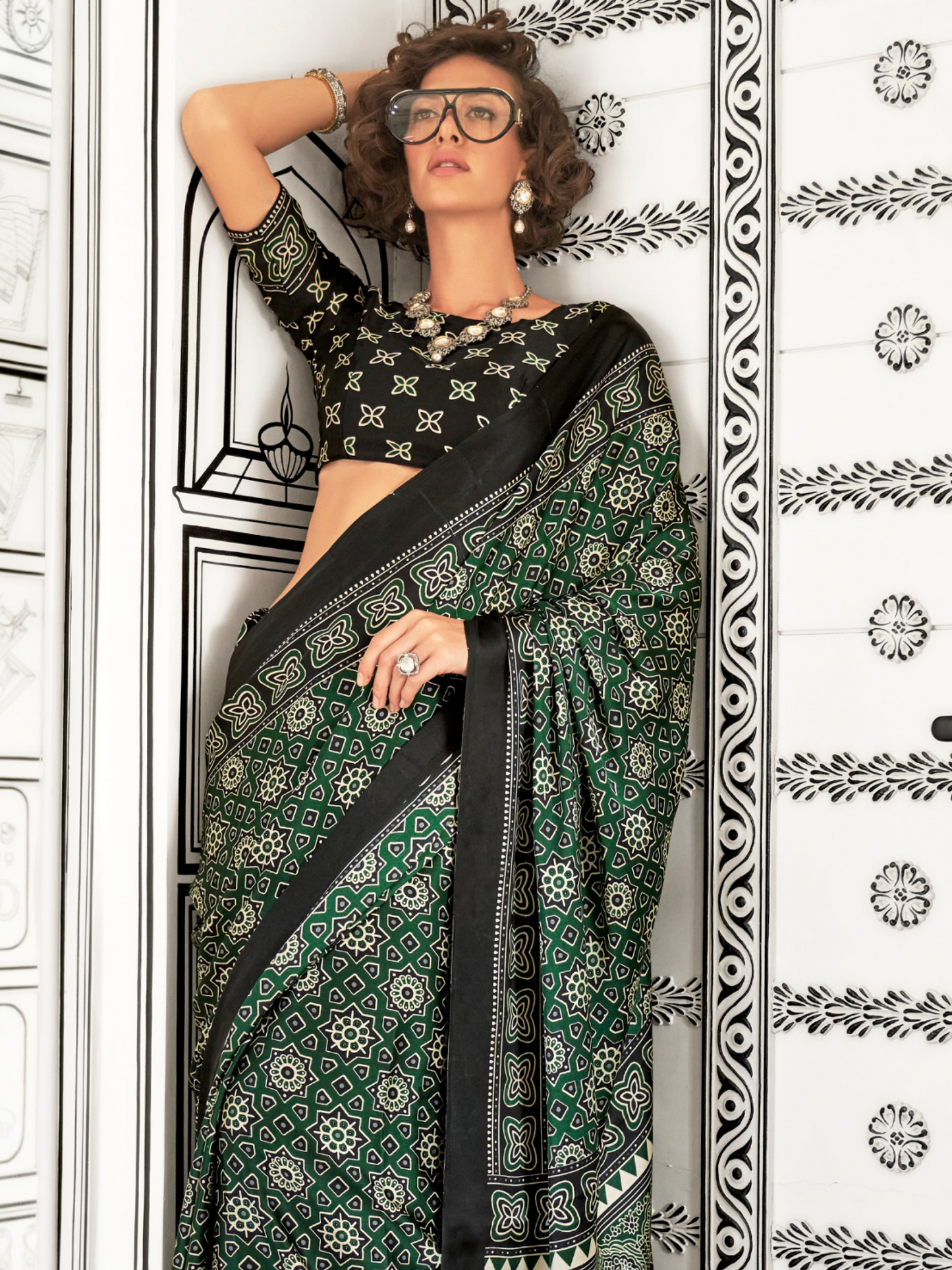 Black & Green Satin Crepe Ajrakh Print Saree