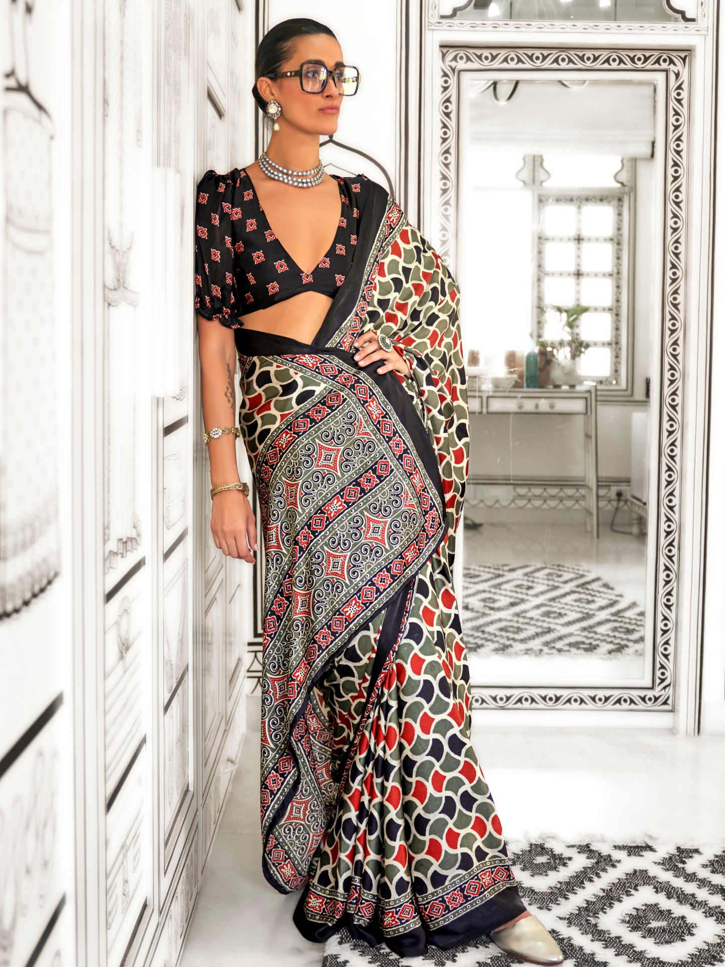 Black & Gray Satin Crepe Ajrakh Print Saree