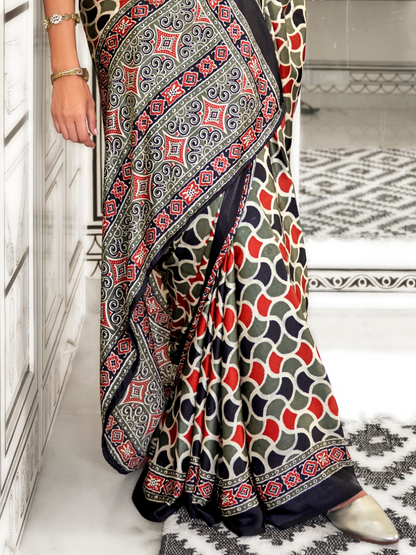 Black & Gray Satin Crepe Ajrakh Print Saree