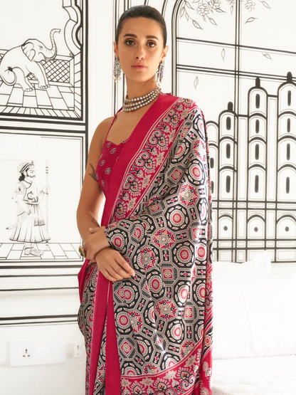 Pink & Black Satin Crepe Ajrakh Print Saree