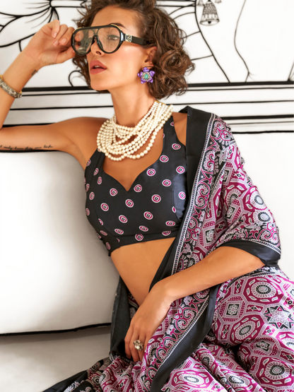 Black & Magenta Satin Crepe Ajrakh Print Saree