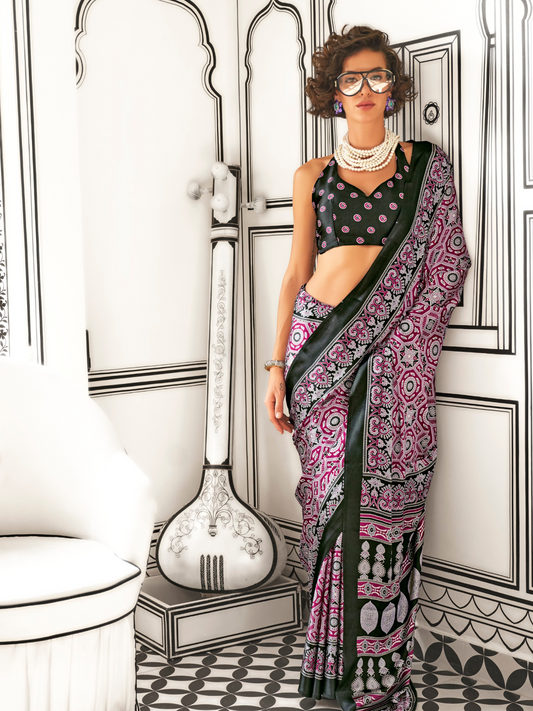 Black & Magenta Satin Crepe Ajrakh Print Saree