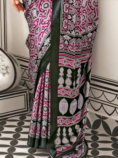 Black & Magenta Satin Crepe Ajrakh Print Saree