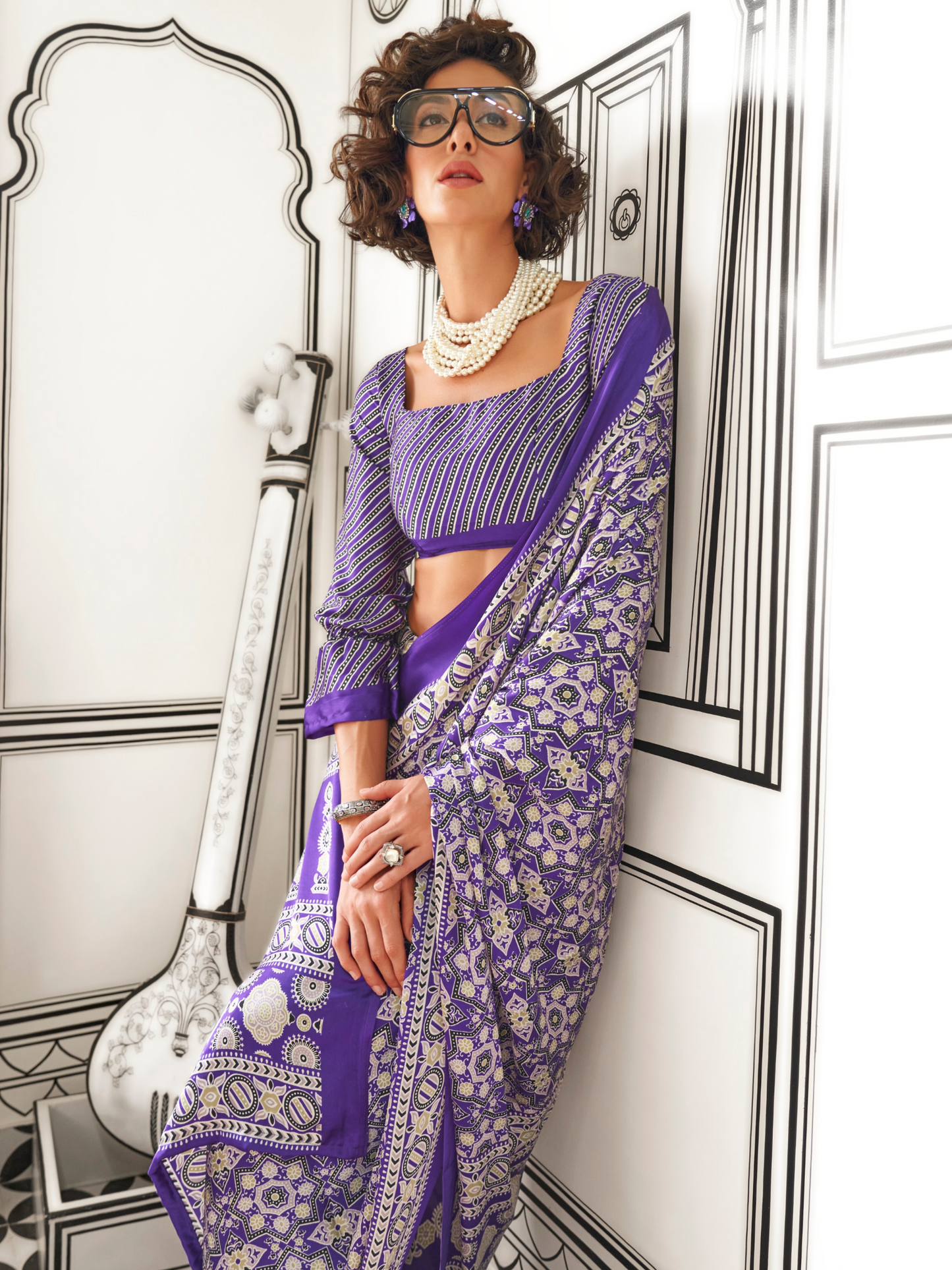 Purple & White Satin Crepe Ajrakh Print Saree