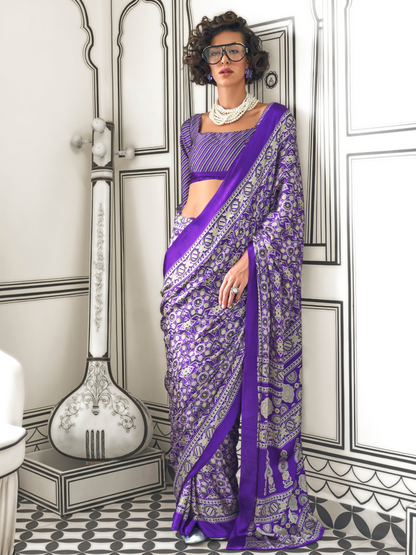 Purple & White Satin Crepe Ajrakh Print Saree